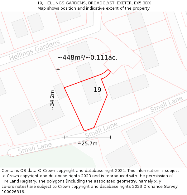 19, HELLINGS GARDENS, BROADCLYST, EXETER, EX5 3DX: Plot and title map