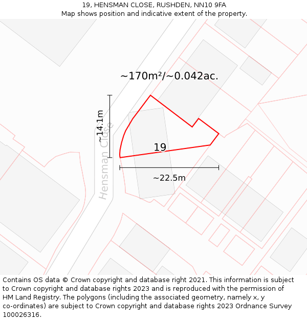 19, HENSMAN CLOSE, RUSHDEN, NN10 9FA: Plot and title map