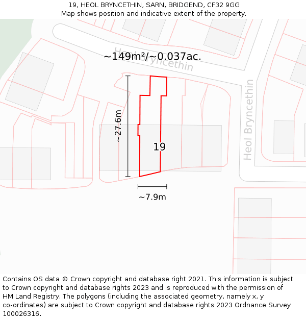 19, HEOL BRYNCETHIN, SARN, BRIDGEND, CF32 9GG: Plot and title map
