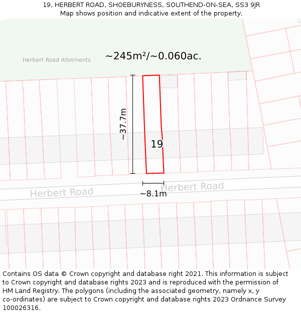 19, HERBERT ROAD, SHOEBURYNESS, SOUTHEND-ON-SEA, SS3 9JR: Plot and title map
