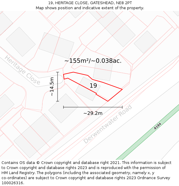 19, HERITAGE CLOSE, GATESHEAD, NE8 2PT: Plot and title map