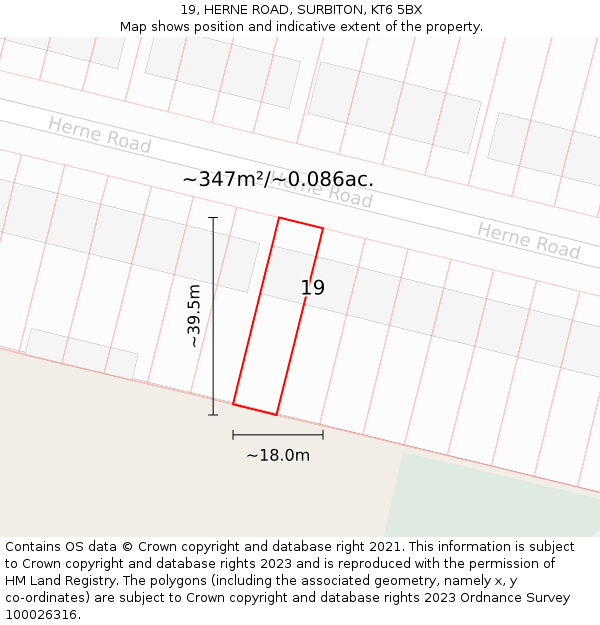 19, HERNE ROAD, SURBITON, KT6 5BX: Plot and title map