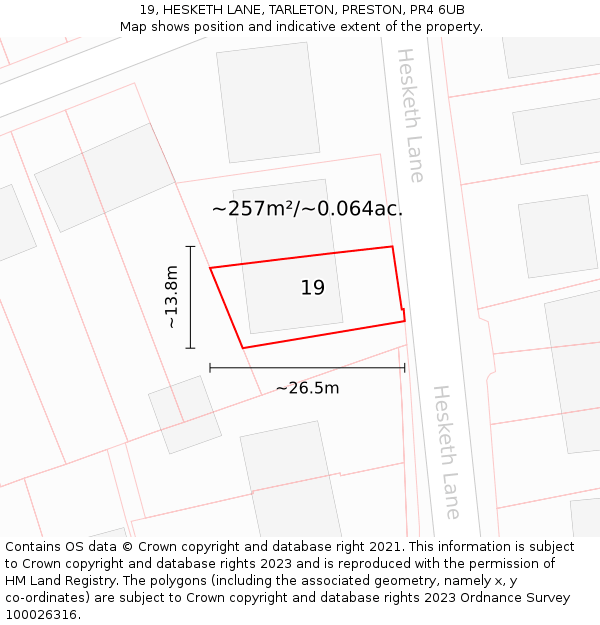 19, HESKETH LANE, TARLETON, PRESTON, PR4 6UB: Plot and title map