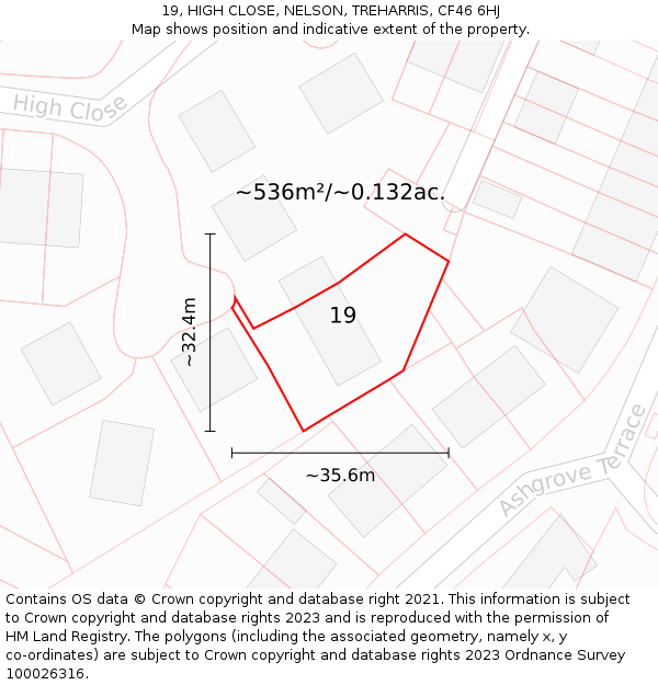 19, HIGH CLOSE, NELSON, TREHARRIS, CF46 6HJ: Plot and title map
