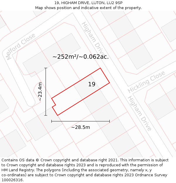 19, HIGHAM DRIVE, LUTON, LU2 9SP: Plot and title map