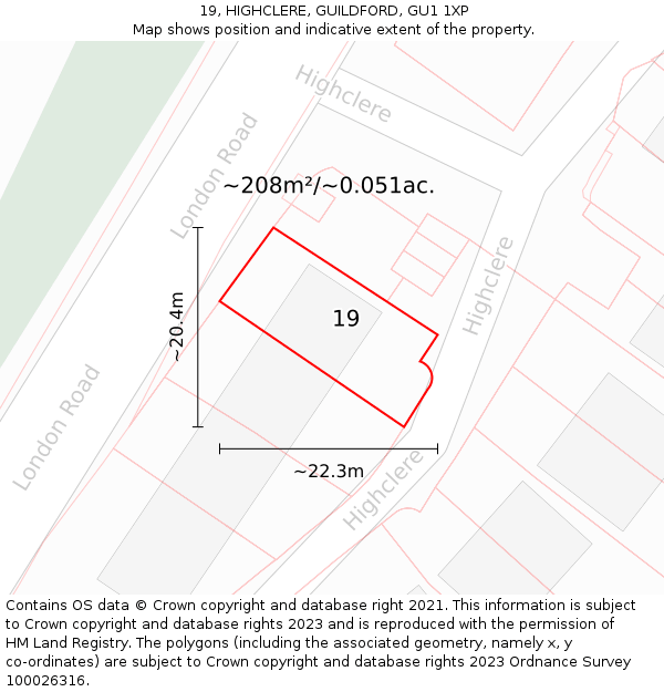 19, HIGHCLERE, GUILDFORD, GU1 1XP: Plot and title map