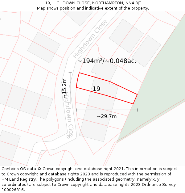 19, HIGHDOWN CLOSE, NORTHAMPTON, NN4 8JT: Plot and title map