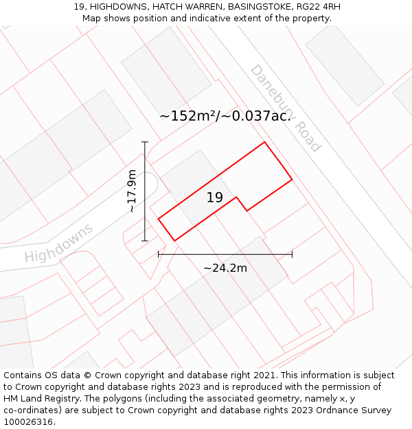19, HIGHDOWNS, HATCH WARREN, BASINGSTOKE, RG22 4RH: Plot and title map