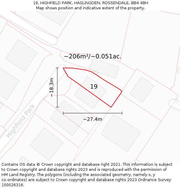 19, HIGHFIELD PARK, HASLINGDEN, ROSSENDALE, BB4 4BH: Plot and title map