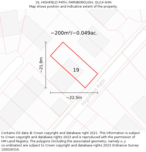 19, HIGHFIELD PATH, FARNBOROUGH, GU14 0HN: Plot and title map