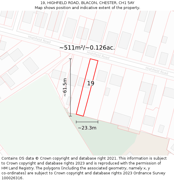 19, HIGHFIELD ROAD, BLACON, CHESTER, CH1 5AY: Plot and title map