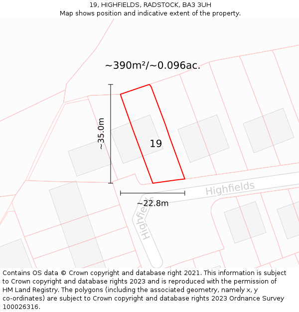 19, HIGHFIELDS, RADSTOCK, BA3 3UH: Plot and title map
