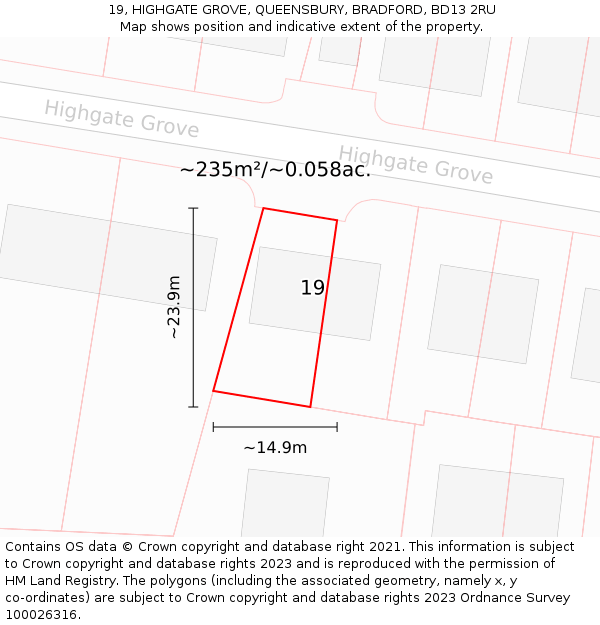 19, HIGHGATE GROVE, QUEENSBURY, BRADFORD, BD13 2RU: Plot and title map