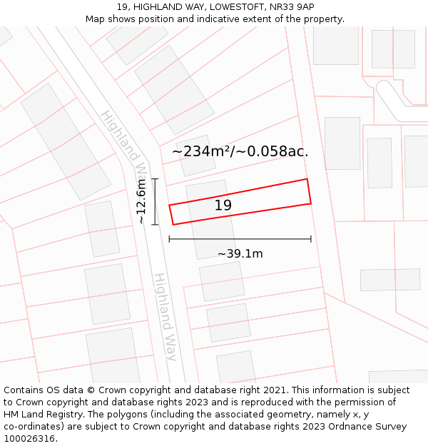 19, HIGHLAND WAY, LOWESTOFT, NR33 9AP: Plot and title map