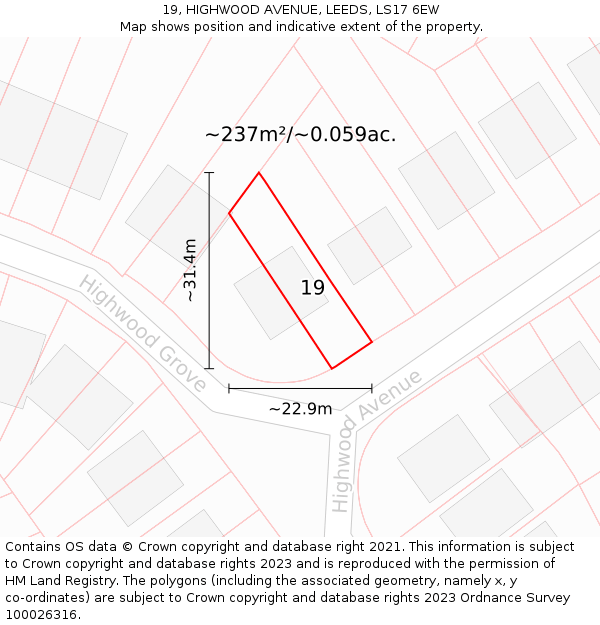 19, HIGHWOOD AVENUE, LEEDS, LS17 6EW: Plot and title map