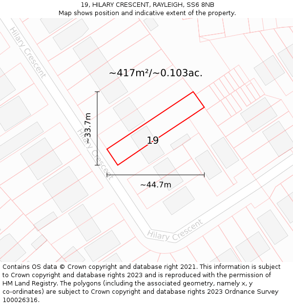 19, HILARY CRESCENT, RAYLEIGH, SS6 8NB: Plot and title map