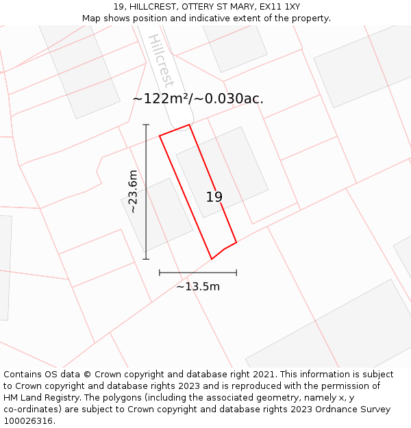 19, HILLCREST, OTTERY ST MARY, EX11 1XY: Plot and title map