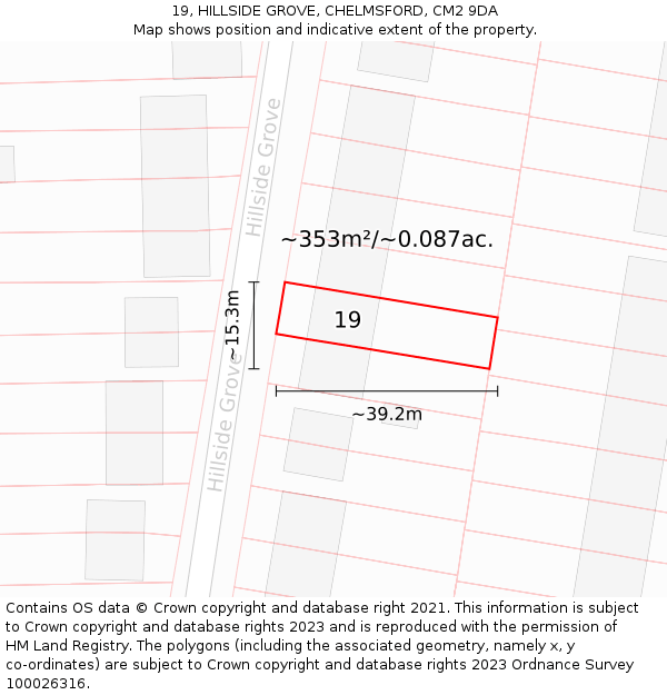 19, HILLSIDE GROVE, CHELMSFORD, CM2 9DA: Plot and title map