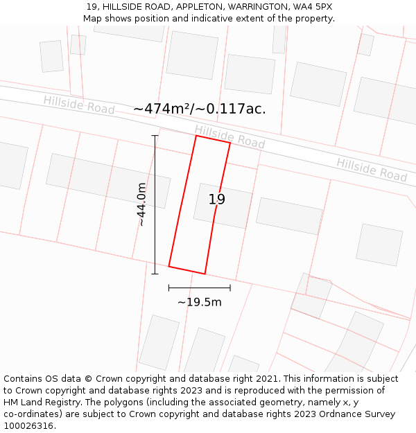 19, HILLSIDE ROAD, APPLETON, WARRINGTON, WA4 5PX: Plot and title map