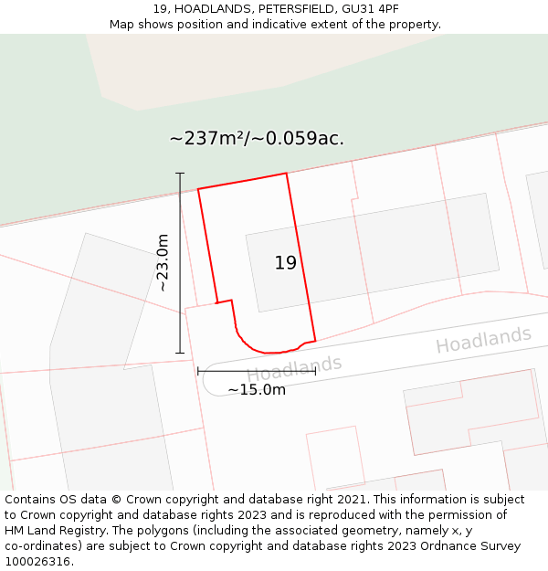 19, HOADLANDS, PETERSFIELD, GU31 4PF: Plot and title map