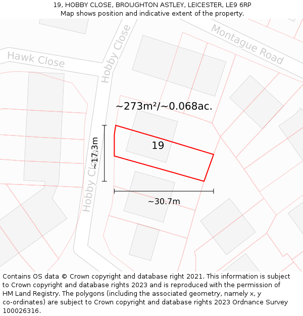 19, HOBBY CLOSE, BROUGHTON ASTLEY, LEICESTER, LE9 6RP: Plot and title map