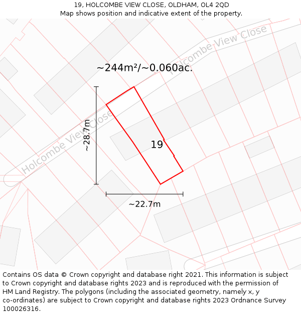 19, HOLCOMBE VIEW CLOSE, OLDHAM, OL4 2QD: Plot and title map
