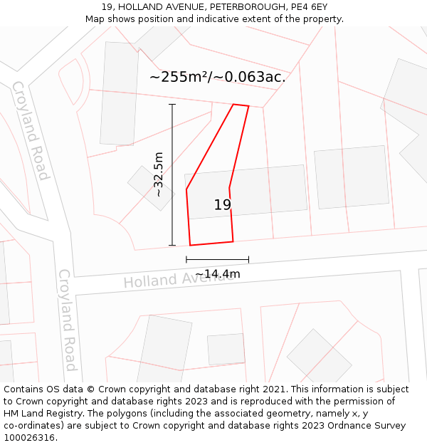 19, HOLLAND AVENUE, PETERBOROUGH, PE4 6EY: Plot and title map