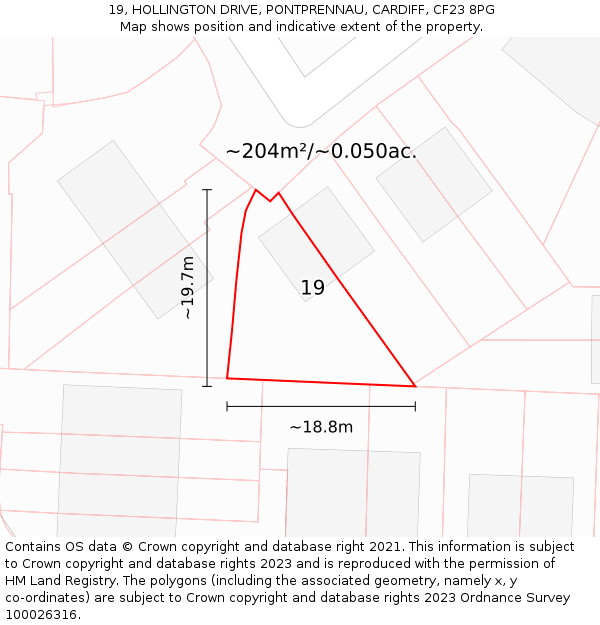 19, HOLLINGTON DRIVE, PONTPRENNAU, CARDIFF, CF23 8PG: Plot and title map