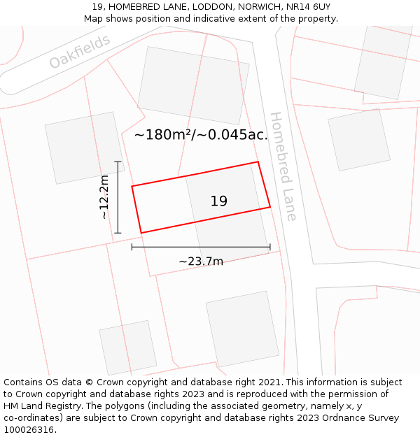 19, HOMEBRED LANE, LODDON, NORWICH, NR14 6UY: Plot and title map