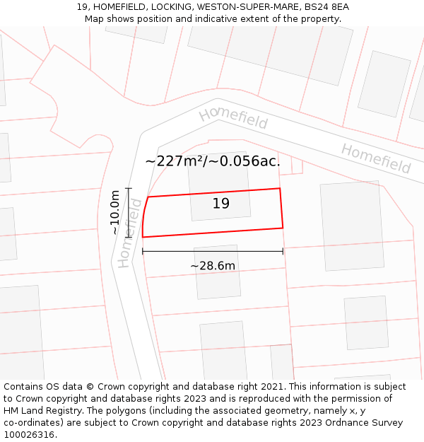 19, HOMEFIELD, LOCKING, WESTON-SUPER-MARE, BS24 8EA: Plot and title map