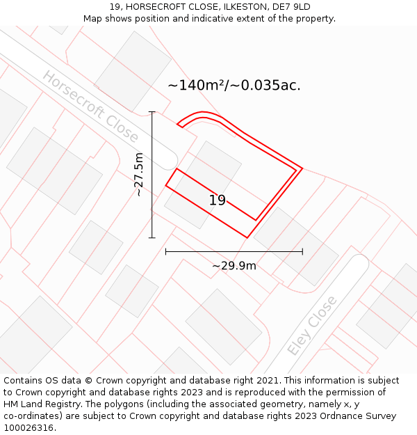 19, HORSECROFT CLOSE, ILKESTON, DE7 9LD: Plot and title map