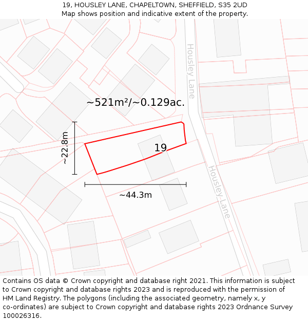 19, HOUSLEY LANE, CHAPELTOWN, SHEFFIELD, S35 2UD: Plot and title map