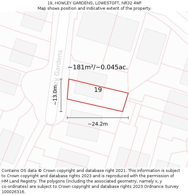19, HOWLEY GARDENS, LOWESTOFT, NR32 4WF: Plot and title map