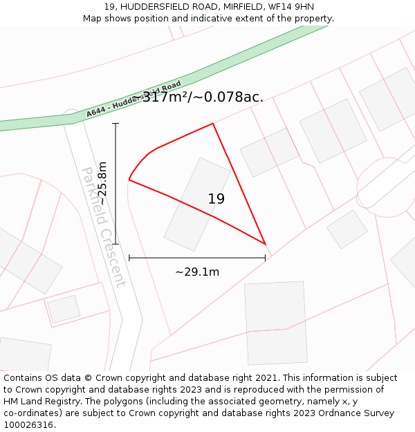 19, HUDDERSFIELD ROAD, MIRFIELD, WF14 9HN: Plot and title map