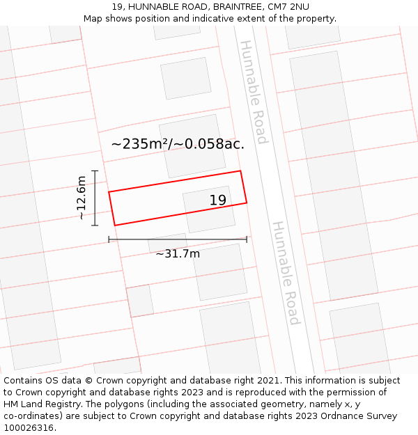 19, HUNNABLE ROAD, BRAINTREE, CM7 2NU: Plot and title map