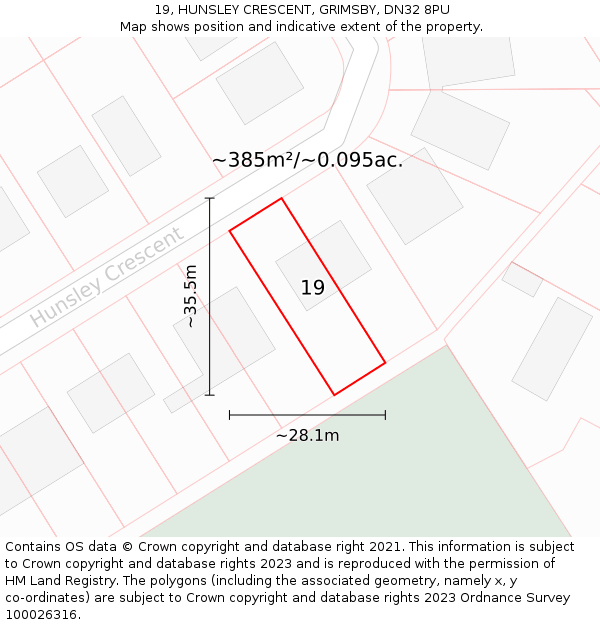 19, HUNSLEY CRESCENT, GRIMSBY, DN32 8PU: Plot and title map