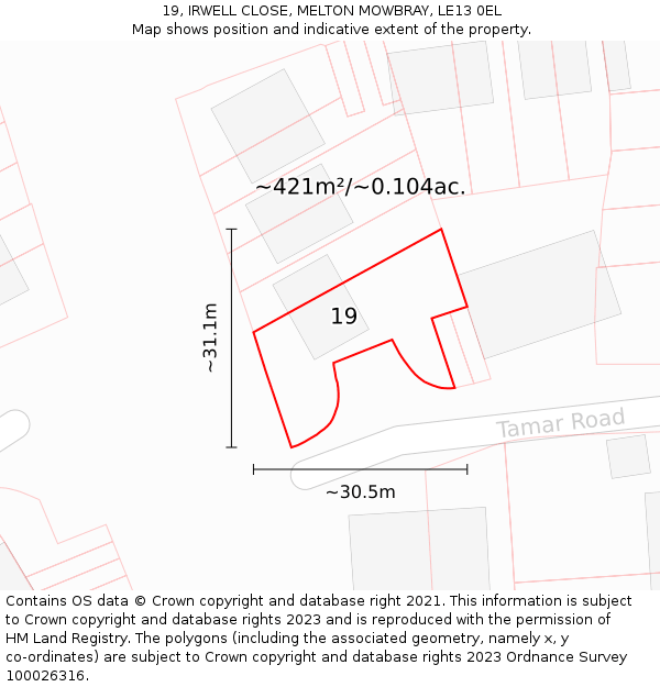 19, IRWELL CLOSE, MELTON MOWBRAY, LE13 0EL: Plot and title map