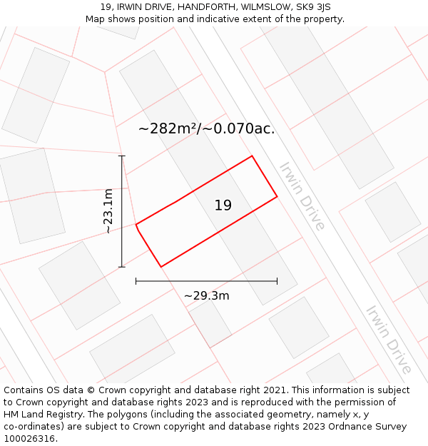 19, IRWIN DRIVE, HANDFORTH, WILMSLOW, SK9 3JS: Plot and title map