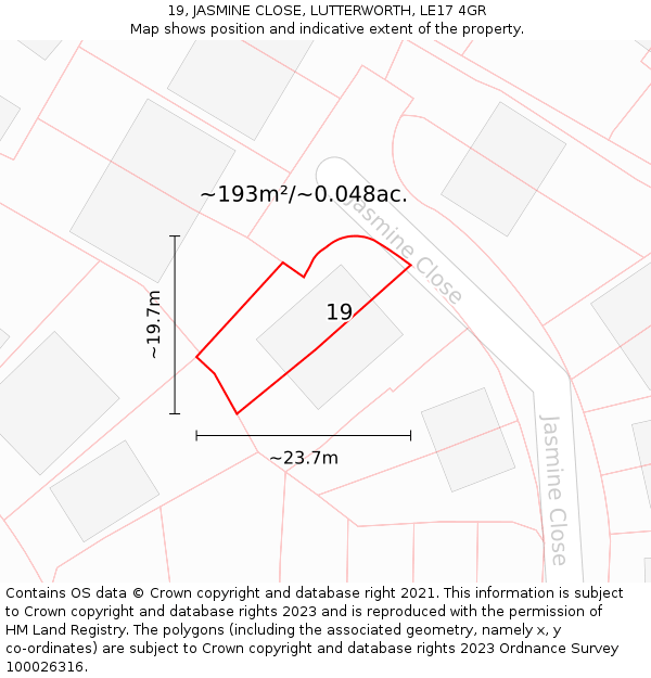 19, JASMINE CLOSE, LUTTERWORTH, LE17 4GR: Plot and title map