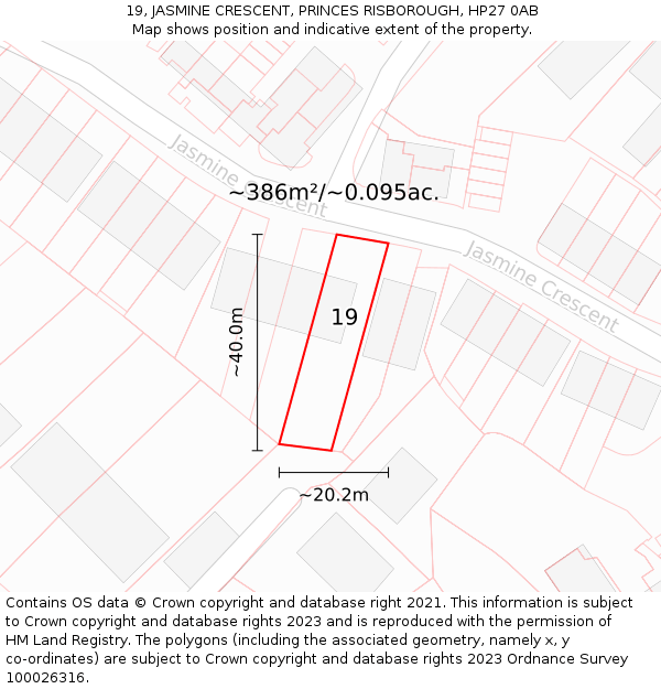 19, JASMINE CRESCENT, PRINCES RISBOROUGH, HP27 0AB: Plot and title map