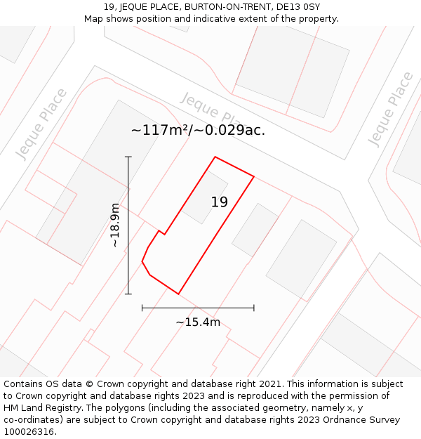 19, JEQUE PLACE, BURTON-ON-TRENT, DE13 0SY: Plot and title map