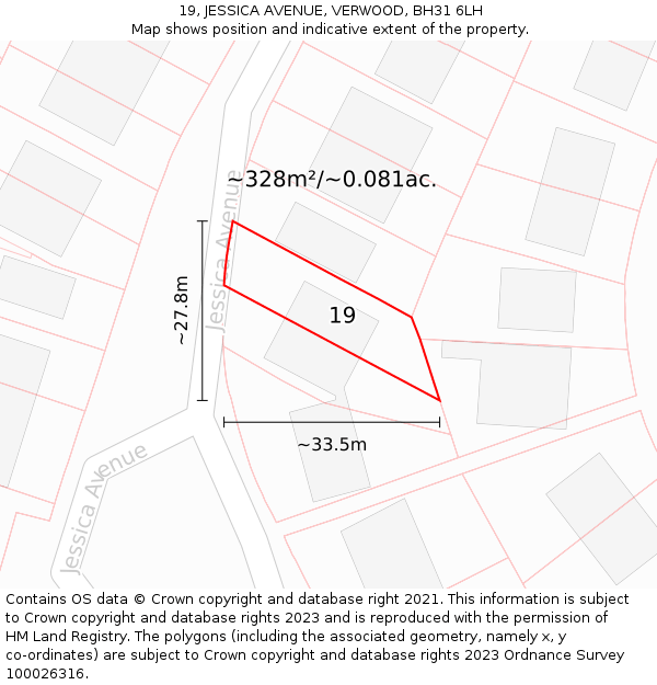 19, JESSICA AVENUE, VERWOOD, BH31 6LH: Plot and title map