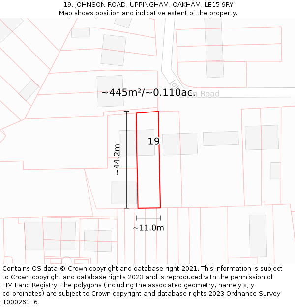 19, JOHNSON ROAD, UPPINGHAM, OAKHAM, LE15 9RY: Plot and title map