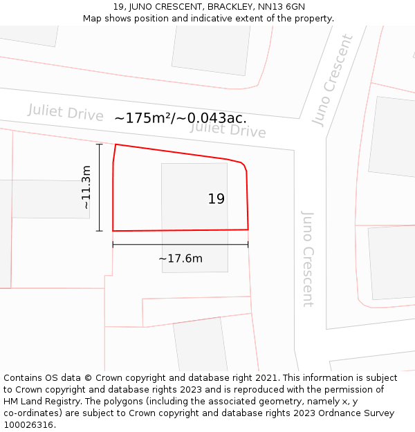 19, JUNO CRESCENT, BRACKLEY, NN13 6GN: Plot and title map
