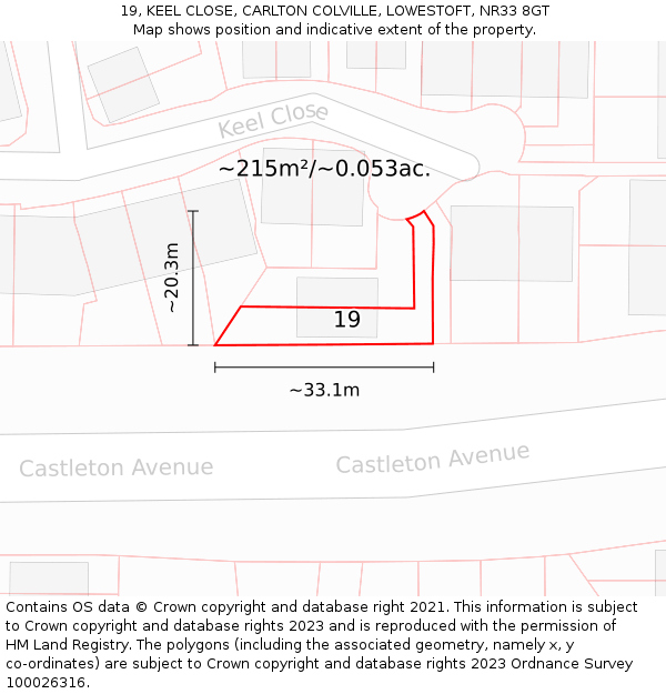 19, KEEL CLOSE, CARLTON COLVILLE, LOWESTOFT, NR33 8GT: Plot and title map