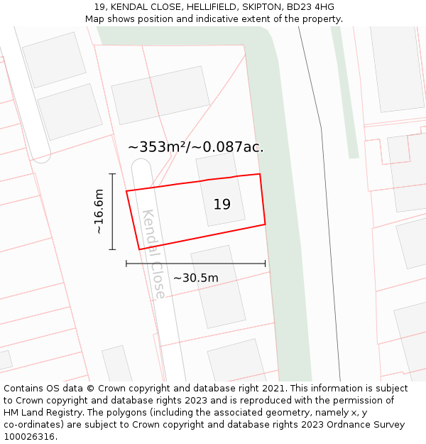 19, KENDAL CLOSE, HELLIFIELD, SKIPTON, BD23 4HG: Plot and title map