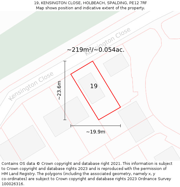 19, KENSINGTON CLOSE, HOLBEACH, SPALDING, PE12 7RF: Plot and title map