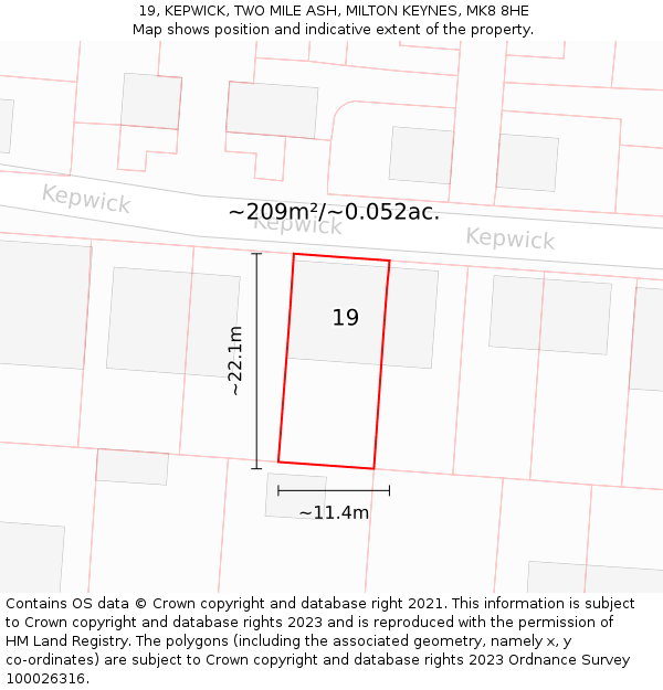 19, KEPWICK, TWO MILE ASH, MILTON KEYNES, MK8 8HE: Plot and title map
