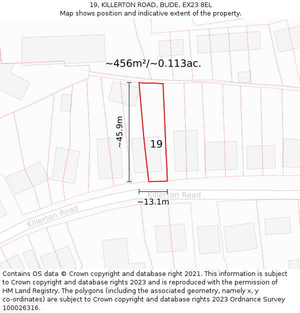 19, KILLERTON ROAD, BUDE, EX23 8EL: Plot and title map