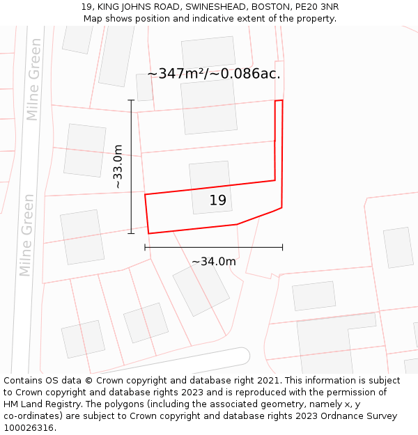 19, KING JOHNS ROAD, SWINESHEAD, BOSTON, PE20 3NR: Plot and title map